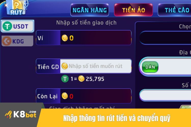 Nhập thông tin rút tiền và chuyển quỹ